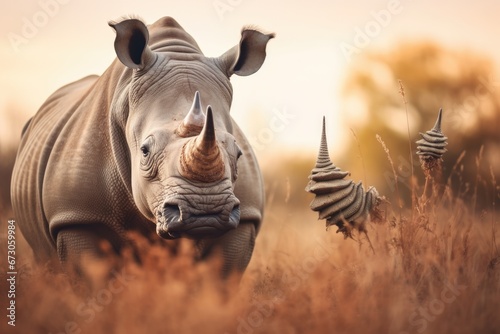 A rhino standing in a field of tall grass. Generative AI.