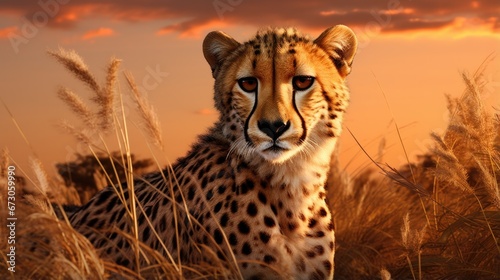 A cheetah sitting in tall grass at sunset. Generative AI.