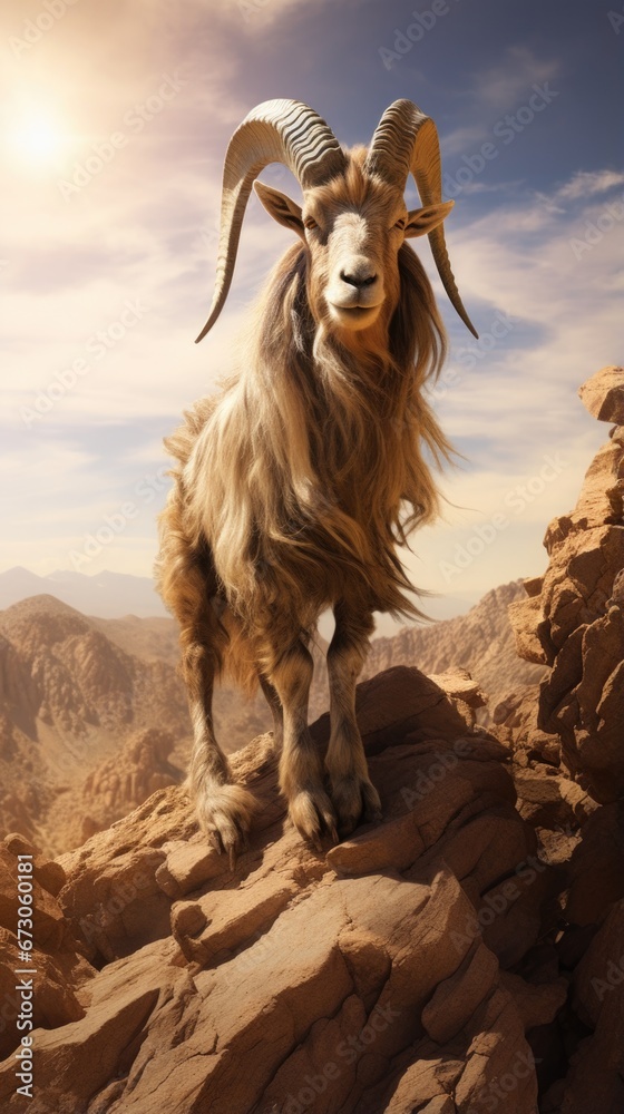 A goat standing on top of a rocky hill. Generative AI.