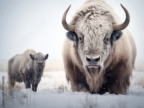 A couple of buffalo standing next to each other in the snow. Generative AI. © serg3d