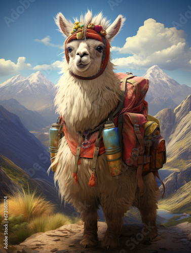 A llama with a backpack standing on top of a mountain. Generative AI.