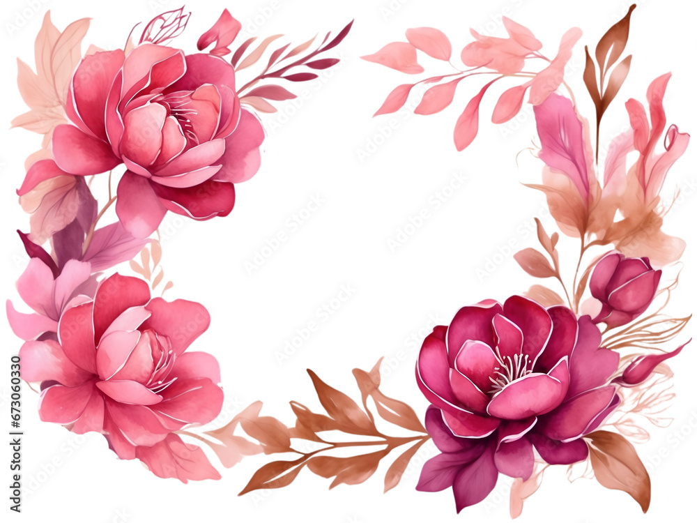 Watercolor pink flowers  border with green leaves. Flower elements for decoration. 