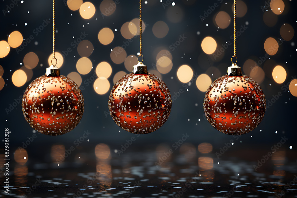 ornamental decoration piece put on a woody surface with sparkle lights banner background, hanging balls of copper golden color Christmas background - obrazy, fototapety, plakaty 