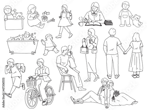 人物の線画のイラスト(カップル、デート、子供、高校生、幸せ、赤ちゃん、家族)