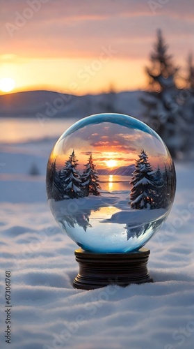  Capture the enchanting beauty of a glass Christmas globe nestled in the snow  reflecting a distant winter sunset on a tranquil evening. 