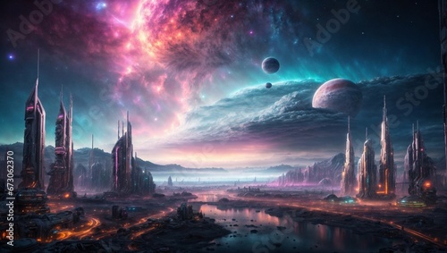 Extraterrestrial Civilization  Futuristic Cityscape Under Alien Skies. Generative AI