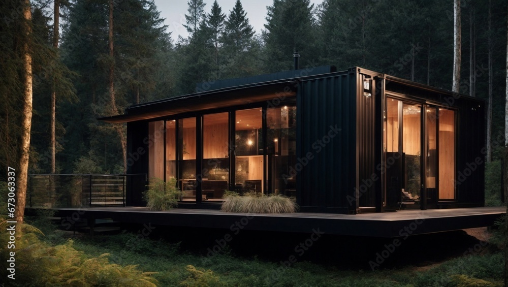 Modern Two-Story Container House in Forest . Generative AI