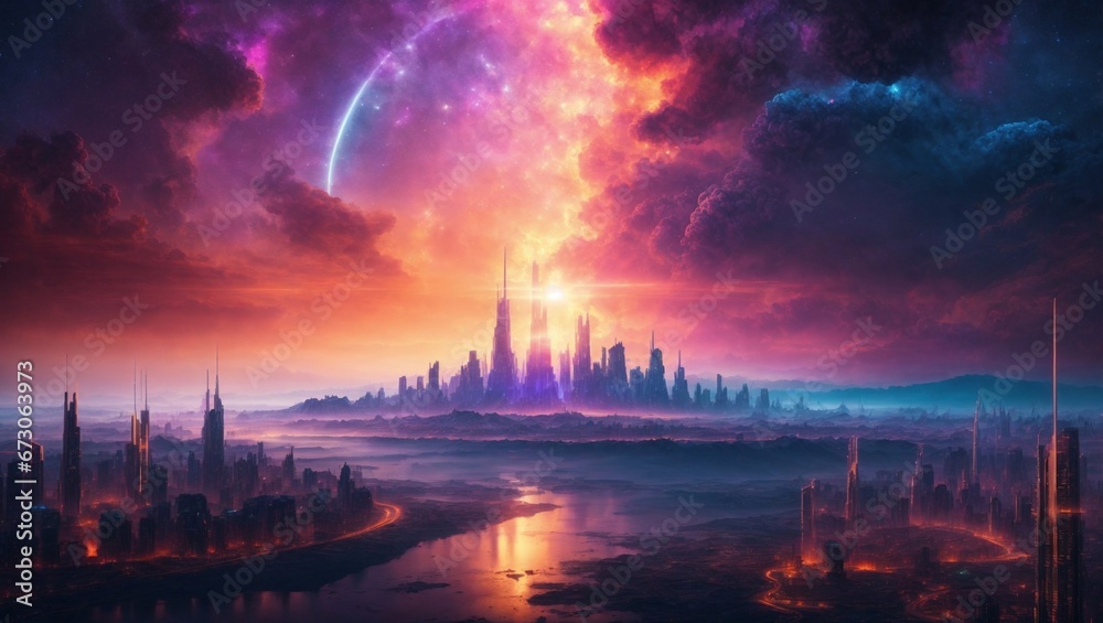 Awe-Inspiring Alien City: Futuristic Buildings and Nebulae at Sunset. Generative AI