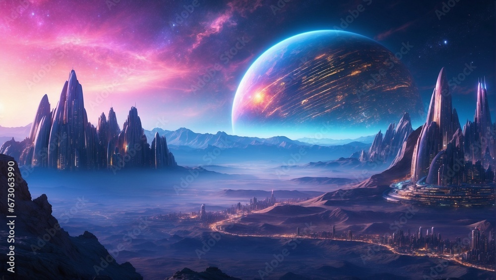 Extraterrestrial Splendor: Advanced Civilization in Alien Landscape