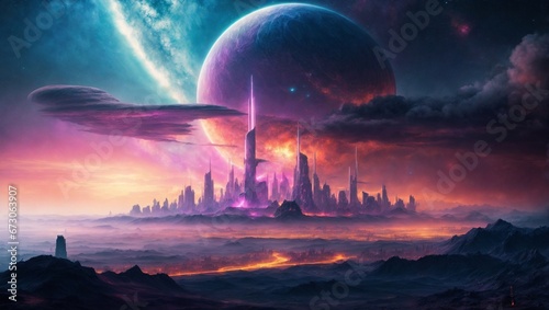 Awe-Inspiring Alien City  Futuristic Buildings and Nebulae at Sunset. Generateive AI
