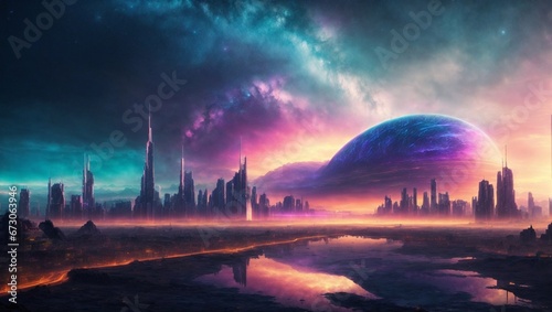 Awe-Inspiring Alien City  Futuristic Buildings and Nebulae at Sunset. Generative AI