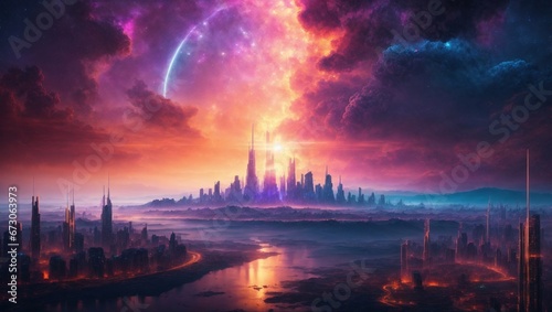 Awe-Inspiring Alien City  Futuristic Buildings and Nebulae at Sunset. Generative AI
