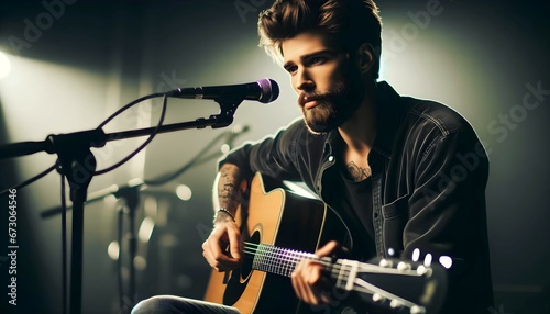 Portrait of handsome male musician with beard, singer with guitar performing on stage