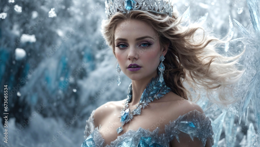 Fantastic portrait of the Ice Queen in a winter landscape