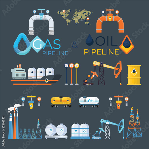 A set of gas and oil pipeline icons adorns a black background. The icons vary in shape and size, and their arrangement makes the image visually appealing.