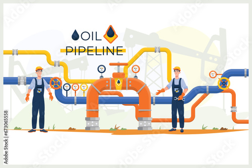 Workers in hard hats and safety vests are installing a gas pipeline. They are using heavy machinery to dig a trench, lay the pipe, and weld the joints together. The pipeline is located in a rural area