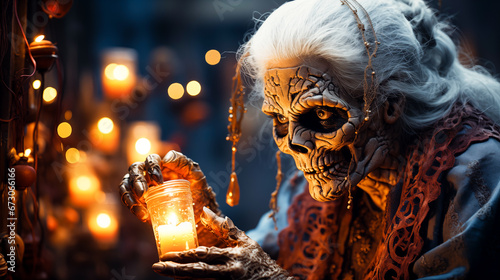 A grey-haired scary monster witch in her shabby outfit holds a lighted candle with her rotten, crooked fingers. photo