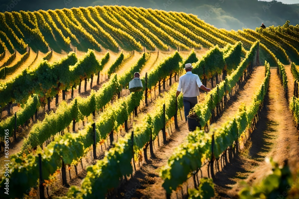 Fototapeta premium A picturesque vineyard on a hillside, with a winemaker examining clusters of grapes, checking for ripeness and quality during the harvest. --ar