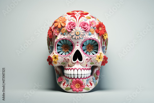 3d illustration of skull with floral ornament on white background. Sugar Skull (Calavera) celebrating Mexico's Day of the Dead (Dia de Los Muertos) colorful floral illustration