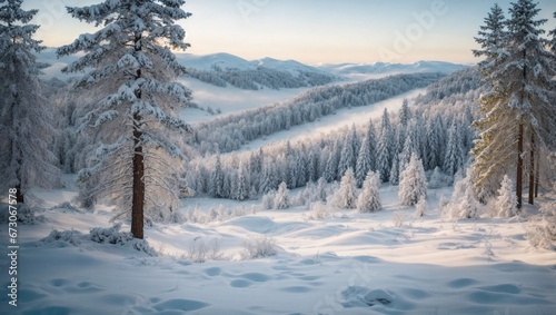 Nature's Winter Embrace: Breathtaking Snowy Mountain Panorama. Generative AI