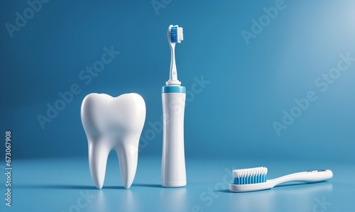 dental hygiene products including tooth model and electric toothbrush on blue background photo