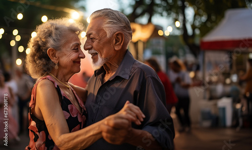 Senior latin american couple dancing happily on the street photo
