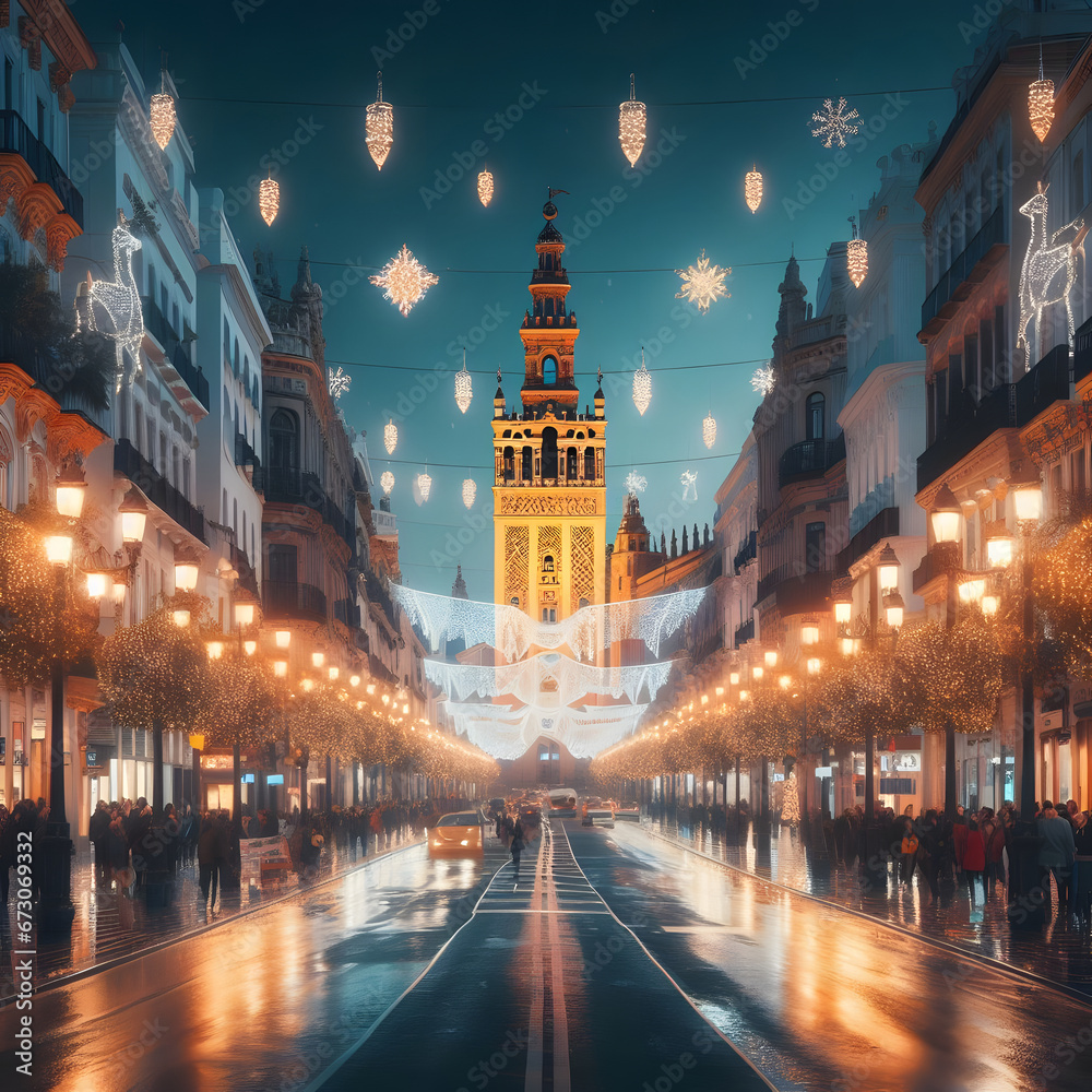 Fototapeta premium Calle de Sevilla, con decoración e iluminación navideña y la Giralda 