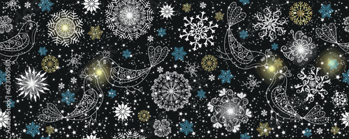 Christmas vector seamless pattern with stars and birds, golden snowflakes on dark background