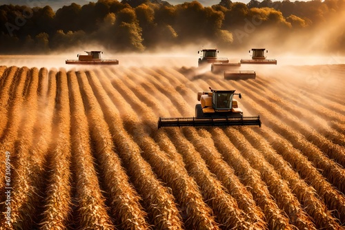 A sun-kissed field of corn, with farmers using a modern combine harvester to efficiently collect the mature corn cobs during the autumn harvest. --ar