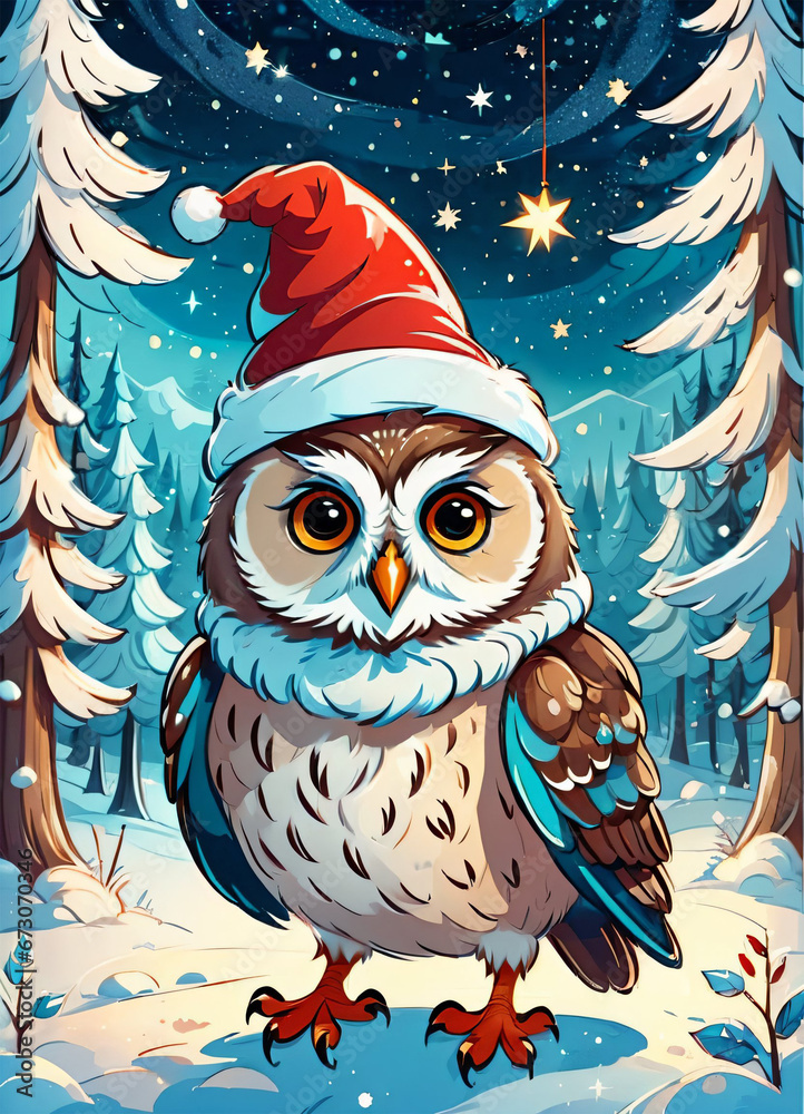 Cartoon Christmas illustration of the cute owl wearing Santa hat