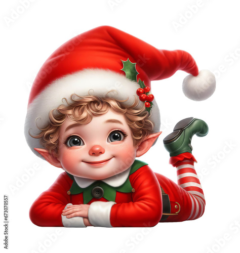 A cute Christmas Elf laying on a flat surface isolated on a transparent background