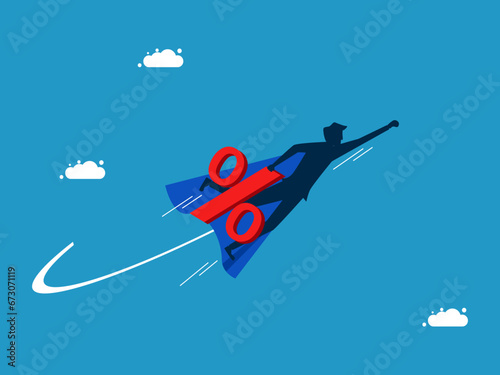 Increase interest rates. Businessman holds a percentage and flies in the sky. Vector