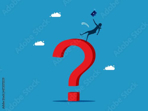 Experiencing problems. Businesswoman slips and falls on a question mark. Vector