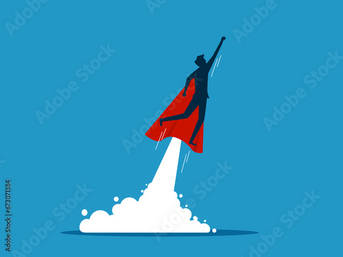 Businessman hero soars in the sky with force. vector illustration