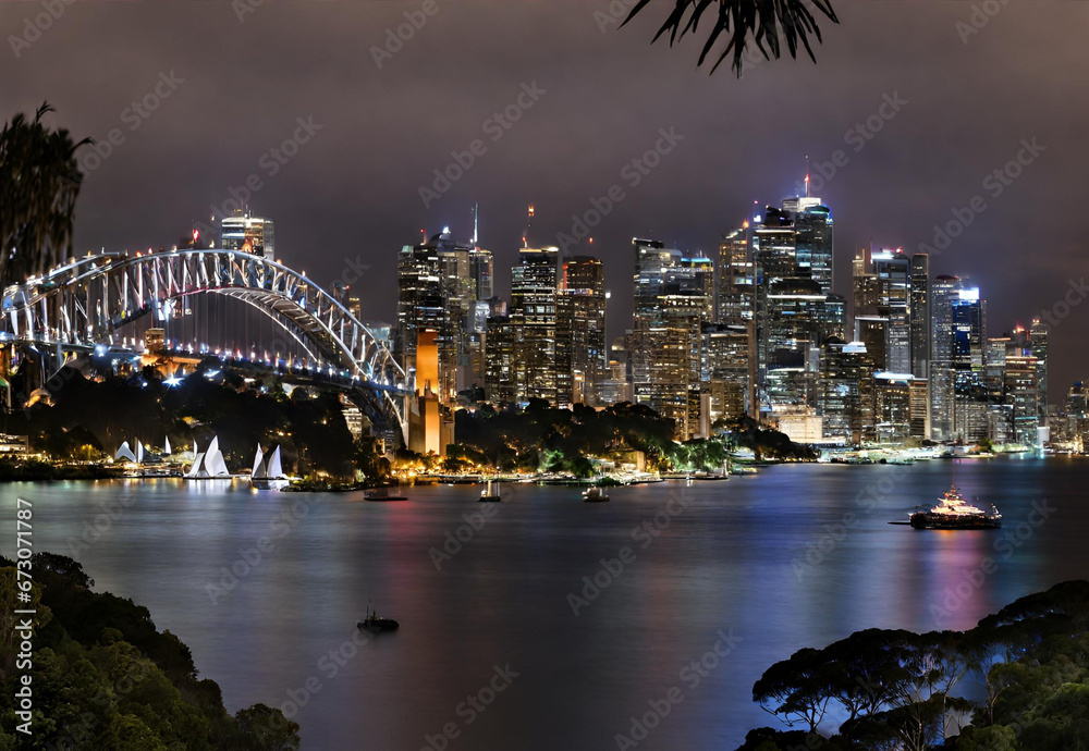 Obraz premium Sydney Harbour night time Panorama viewed from Kirribilli in North Sydney.