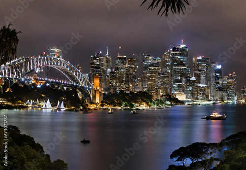 Sydney Harbour night time Panorama viewed from Kirribilli in North Sydney.