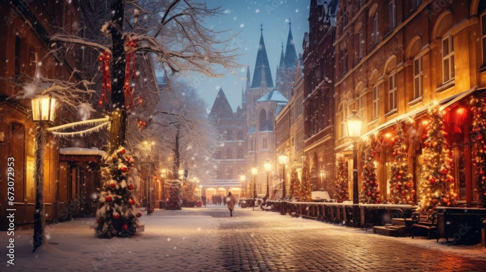 Snowy European street with decorated trees and gothic church architecture. Winter and festive ambiance.