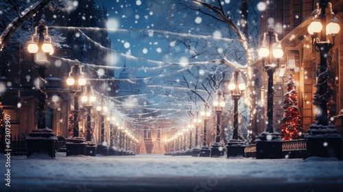 Snowy city street with illuminated lamps  trees  and historic buildings. Winter festive atmosphere. Concept of Winter holiday cityscape.