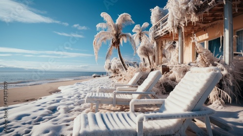 Fototapeta Naklejka Na Ścianę i Meble -  Frozen palm trees on the beach by the sea or ocean. Global warming. AI generated.