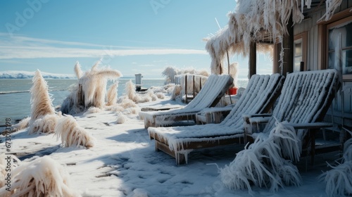 Fototapeta Naklejka Na Ścianę i Meble -  Frozen palm trees on the beach by the sea or ocean. Global warming. AI generated.