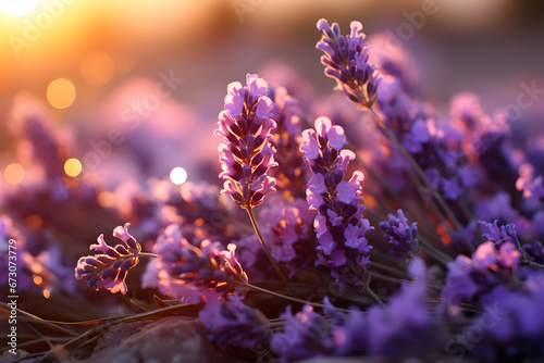 Lavender field bathed in soft, warm light, golden hours of sunset.