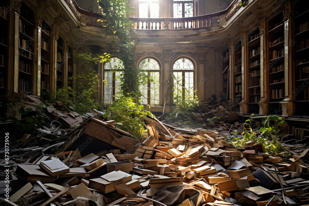 大量の本が散らばった図書館の廃墟