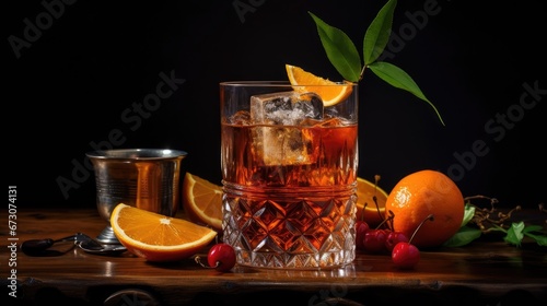 A still life photograph of an old - fashioned cocktail contains lemon as an element, Generative Ai