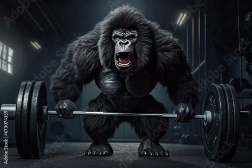 Gorilla man with gym barbell style monkey. Art strong animal training. Generate Ai