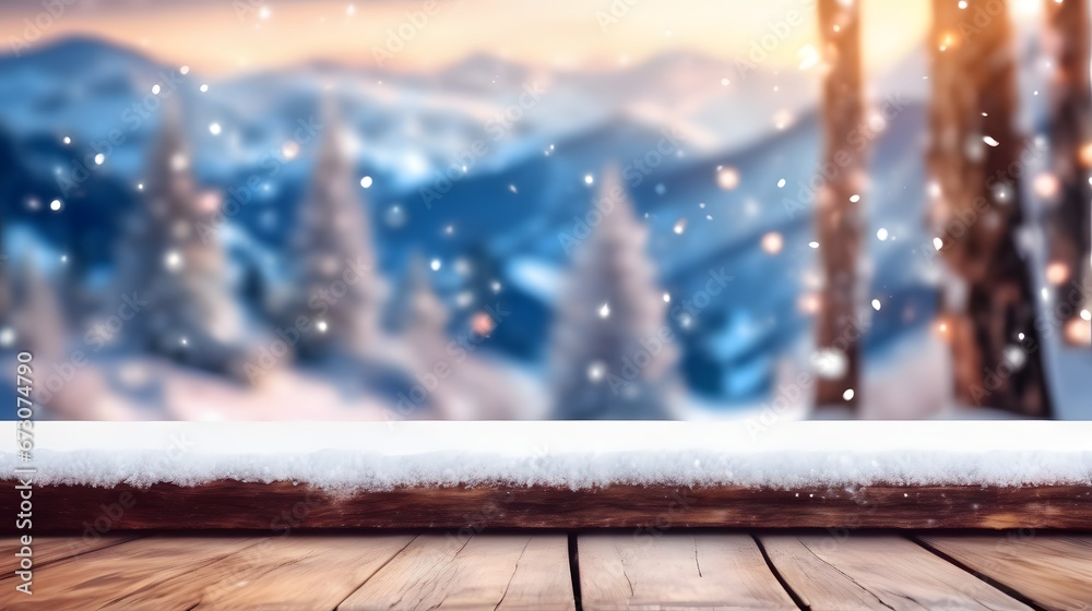 Winter Wonderland Snowy Mountain Landscape with Wooden Tabletop Winter Wonderland Snowy Mountain Landscape with Wooden Tabletop