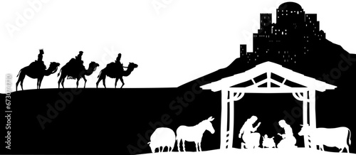 A Christmas nativity scene with baby Jesus in the manger, wise men and city of Bethlehem in the background