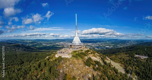 Hotel and transmitter on Jested mountain above the city of Liberec. Aerial shot