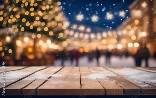 empty wooden tabletop with blurry Christmas holidays joyful town view and snowfall background