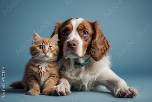 Spaniel and kitty on blue monochrome background