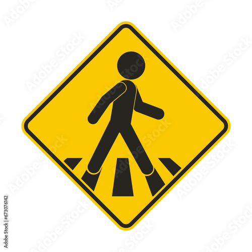 Isolated yellow black sign of pictogram man walking on walk lane, for cross walk of pedestrian walkway line